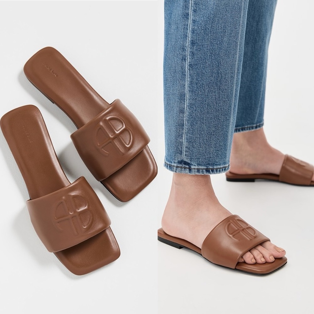 NEW NIB Anine Bing Ria Logo Embossed Lambskin Slides In Cognac Brown